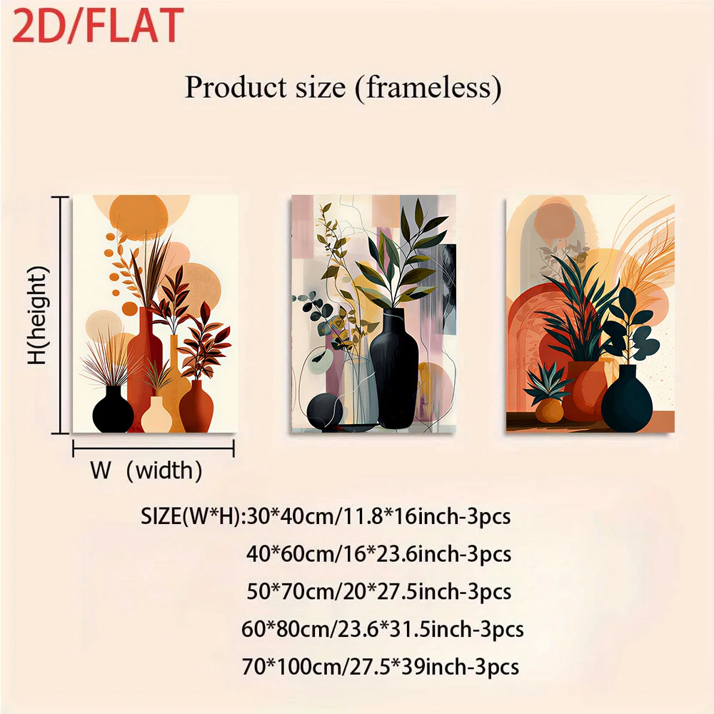 3PCS Frameless,1 set of modern minimalist green plant triptych, frameless 2D artwork for sofa background wall.