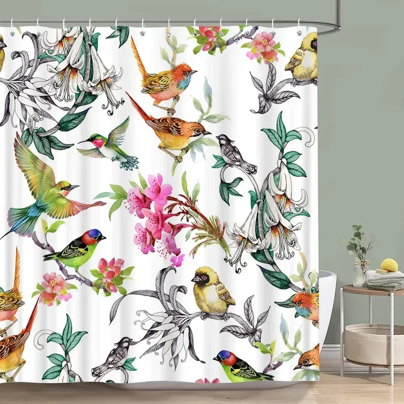 Vintage floral Colourful bird shower curtain watercolour painting art creative home polyester shower curtains bathroom decor