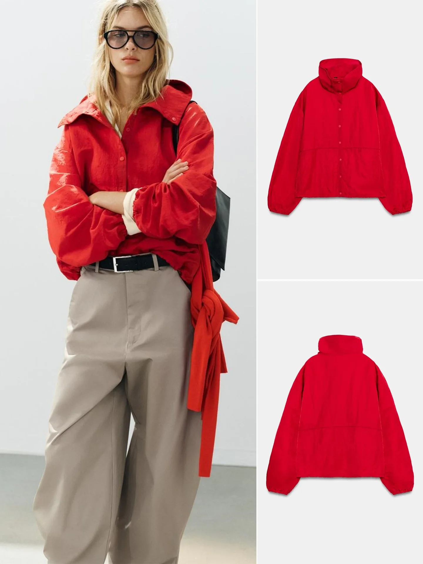 Autumn New Women's Long Sleeve Stand Collar Button Decorated Coat Elastic Drawstring Hem Casual Style Polyester Fiber