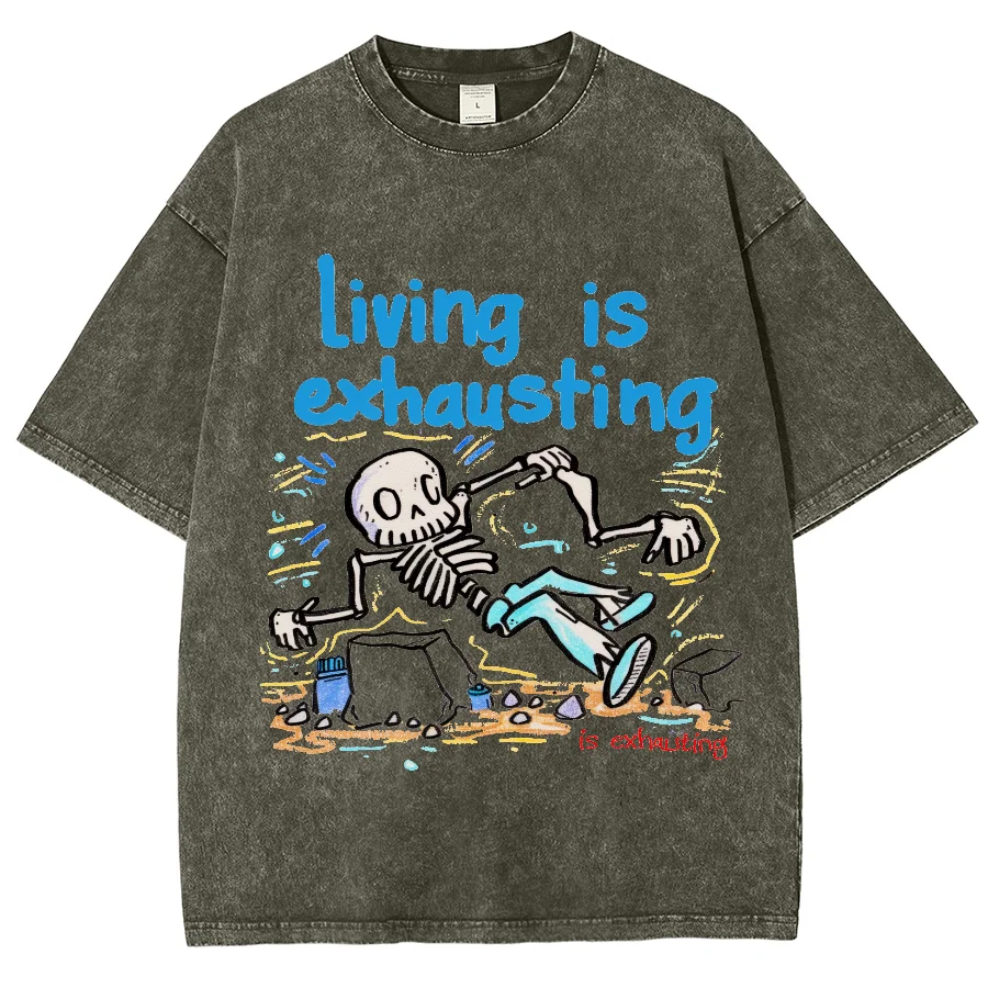Sad And Scary Skull Bone Print T-Shirt Fashion Designer Trendy New Short-Sleeved High-Gram Weight Round Neck Washed Denim Fabric