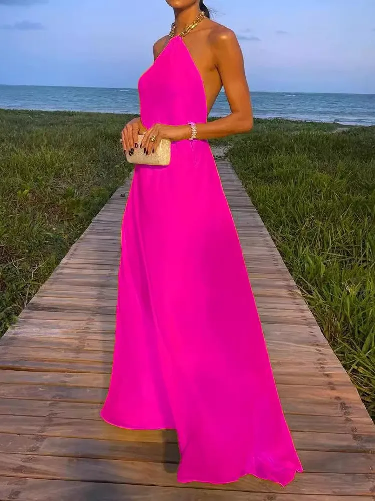 Fashion Metal Chain Halter Neck Long Dresses Women Sexy Backless Temperament Lady Solid Color Commuting Party Dress Summer New