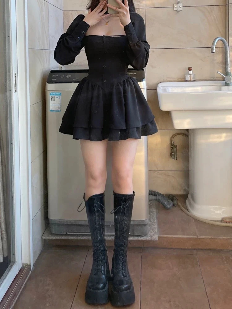 

Black Vintage 3 Piece Skirt Set Women Sexy Lolita Y2k Mini Skirt Suit Female Casual Korean Fashion Long Sleeve Retro Set 2025