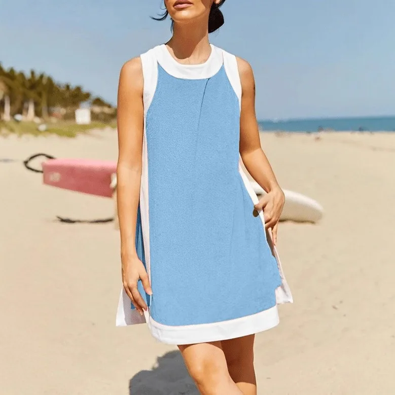 

Повседневный свободный комплект без рукавов в стиле бохо из 2 предметов, летние каникулы, женский наряд с круглым вырезом, элегантные длинные топы контрастного цвета и шорты с карманами, костюмы