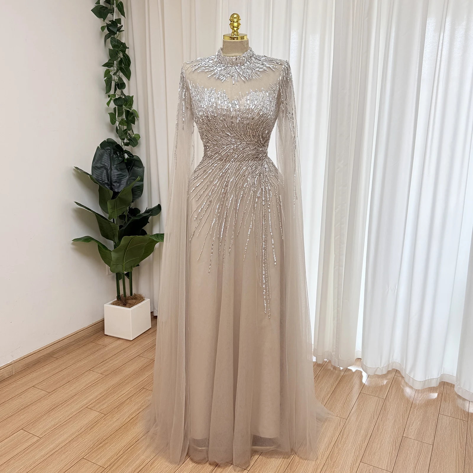 gold arabic wedding dress Beading Evening A-Line Muslim Gown soi:extra_glitter