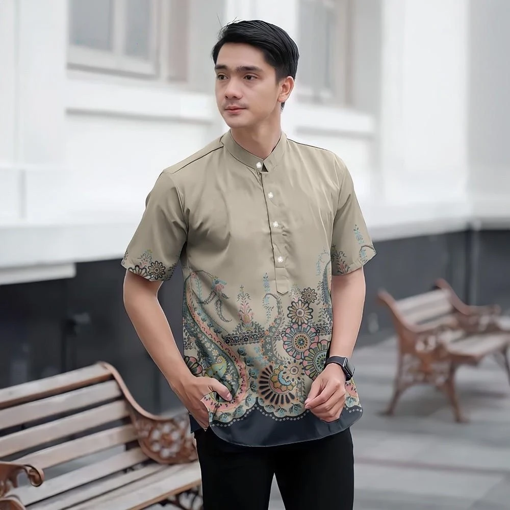 Camicia batik Slim Fit Modello stampato in 3D Colletto alla coreana Camicia formale da uomo a maniche corte Camicia superiore adatta per la festa del Ramadan Tema Raya