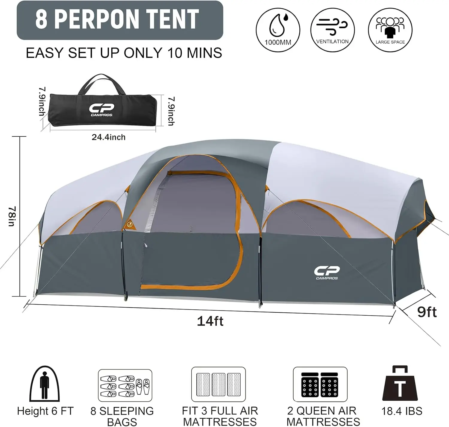 ^8 Person Camping Tent, Room Divider, Rainfly, Weather Resistant | Family tent with 5 large mesh windows, double-layer design