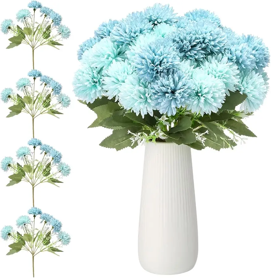 Ramos de flores de crisantemos artificiales de 24 cabezas, bola de crisantemo de seda, madres artificiales falsas para exteriores, bola de seda sintética