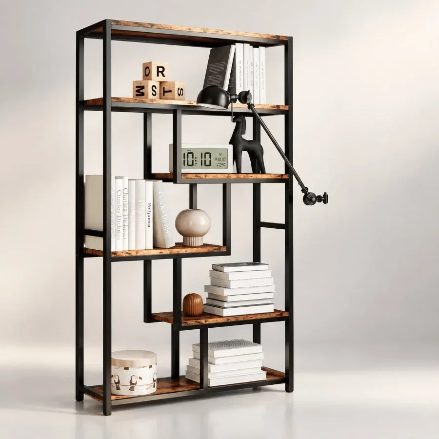 Bookshelves 6 Tiers, Industrial Etagere Heavy Duty Shelves for Living Room, Black Metal with Wood, Rustic Style and Adjustable view 2
