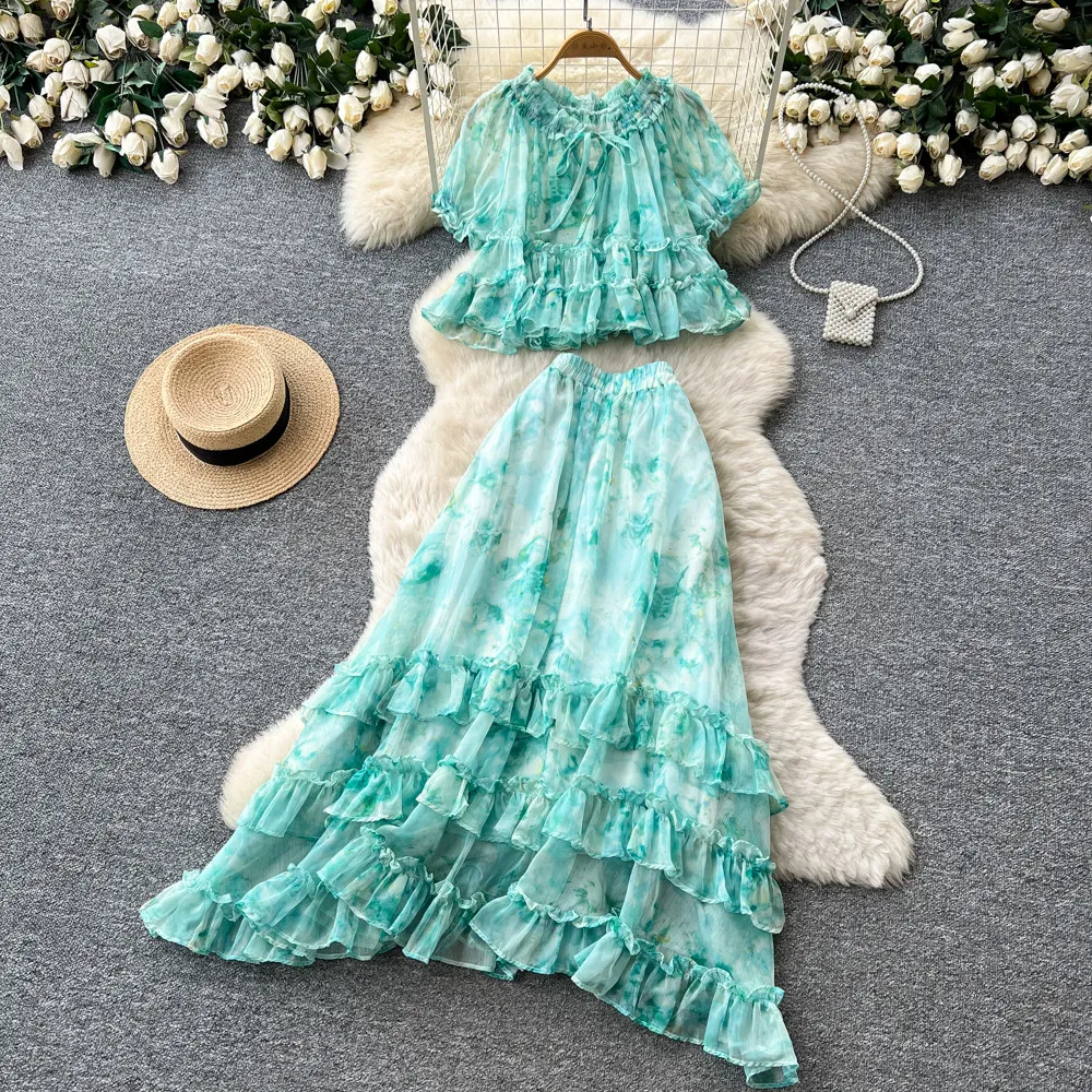 

2026 Summer Beach Holiday Outfits Women Elegant Chiffon Two Piece Dress Set Elastic Neck Ruffle Shirt Flowy Skirt Resort Wear