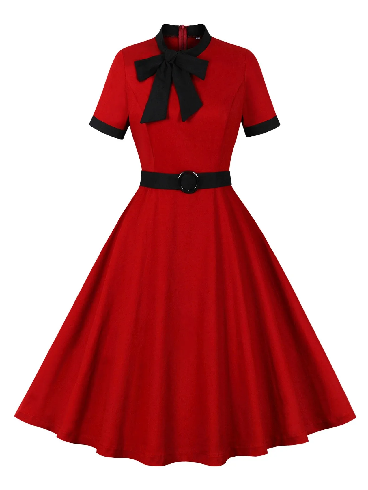 

Women Hepburn Vintage Rockabilly Dress With Belt Short Sleeve Bow Collar Summer Style Casual Retro Elegant Party Costume