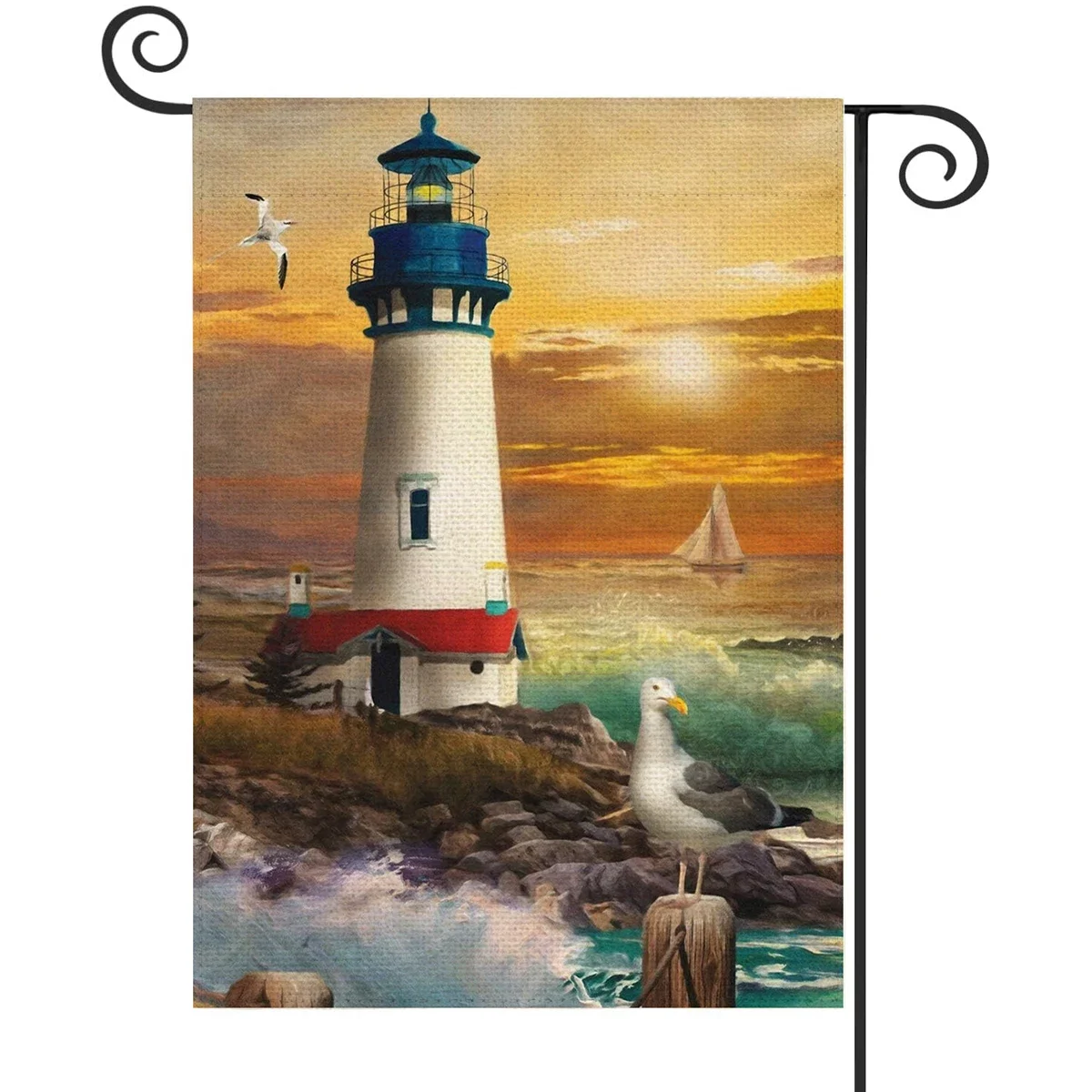 1PC  Lighthouse sailboat Pattern Linen Cotton Garden Flag Banner Indoor Outdoor Home Garden Hanging Decor