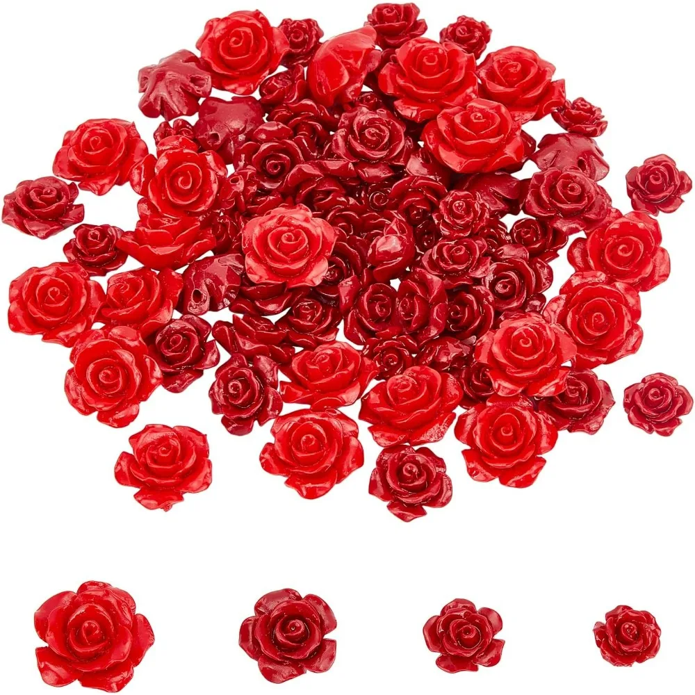 80 Pcs Red Rose Flowers Beads 4 Styles Dyed Synthetic Coral Beads Flower Carving Charms Loose Beads for Valentine's Day DIY