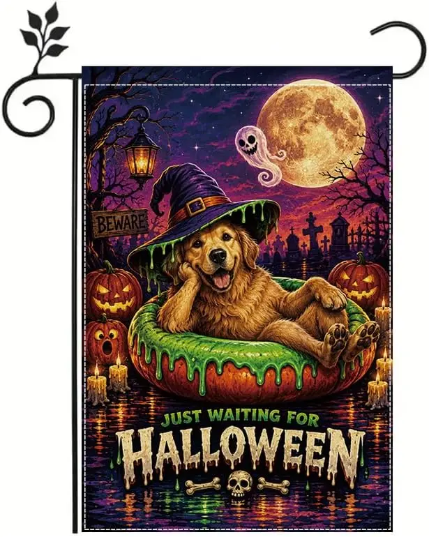 Funny Halloween Garden Flag 12x18 Inch, Vintage Golden Retriever in Witch Hat on Slime Pool Float, Spooky Kawaii Cemetery Fu llp