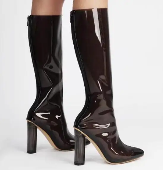 

Hot Women Black Transparent PVC Pointed Toe Block Heel Knee High Boots Sexy Zipper Back Crystal Chunky Heels Modern Long Boots
