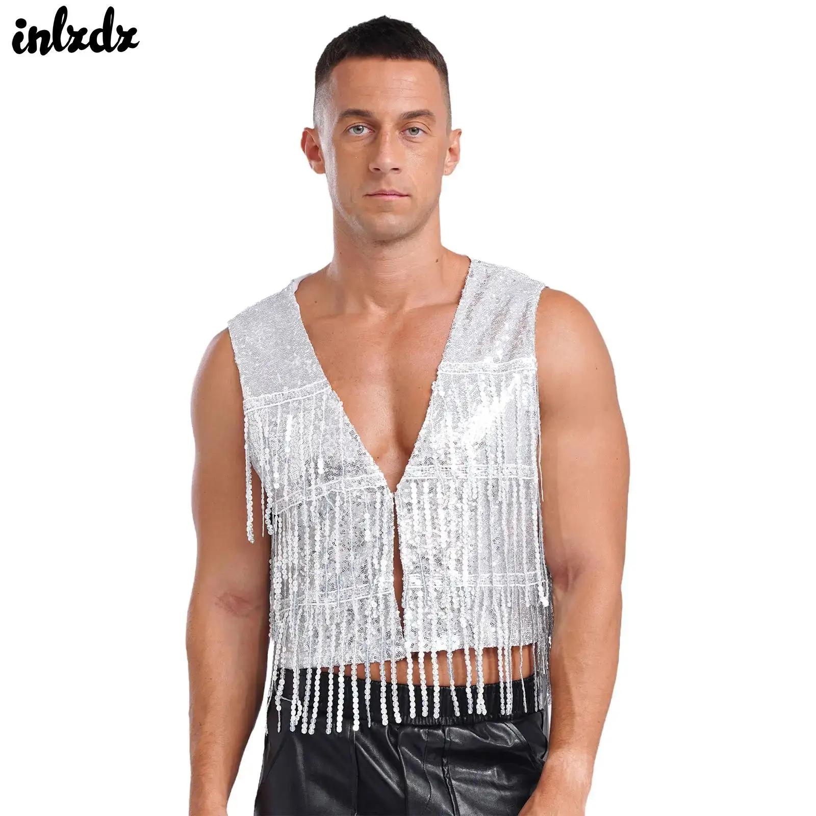 

Mens Shiny Club Vest Jazz Dance Outfits Sequin Tassel Sleeveless Glitter Waistcoat Allover Sequin V Neck Open Front Vest Tops