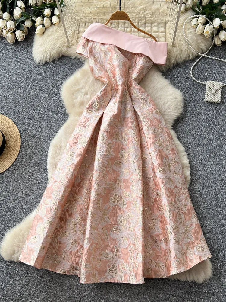 

Elegant Vintage Evening Gown A-Line Women Dress Heavy Embroidery Oblique Shoulder Floral Print Design Party Chic Lady Dress