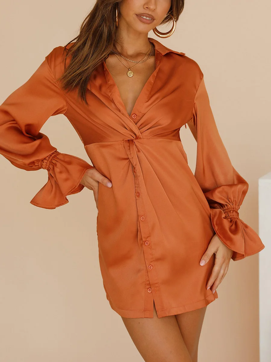 

Dresses For Women 2022 Fashion Twist Waist Button Up Shirt Dress Collared V Neck Long Sleeve Elegant Vintage Satin Mini Dress