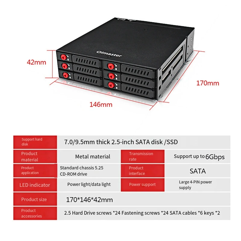 Imagem -03 - Oimaster-hard Disk Enclosure Rack 6-bay 2.5 Sata Ssd Hdd Enclosure Mobile Rack Armazenamento de Dados para 5.25 Drive Bay