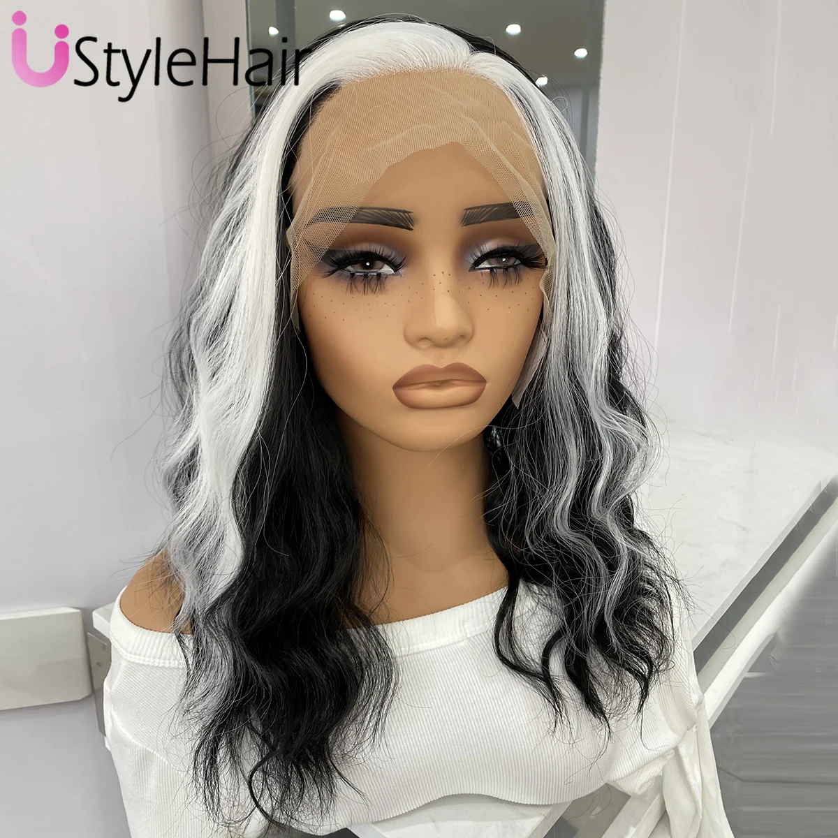 UStyleHair Black Short Wave Wig with White Highlights Natural Hairline Lace Front Wig Mix Color Daily Wear Cosplay Wig for Women