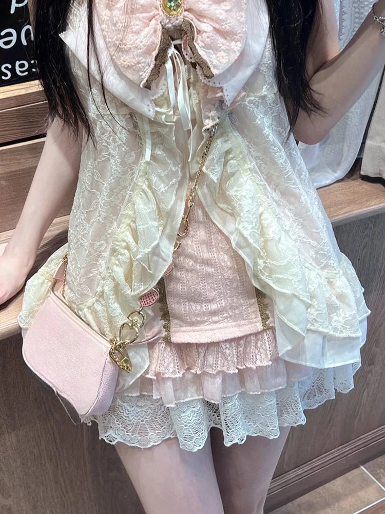 Cute Y2K Lolita 3 Piece Set Women Japanese Lace Cardigan Casual Vest High Waist Y2k Mini Skirt Lolita Fashion Suit view 2