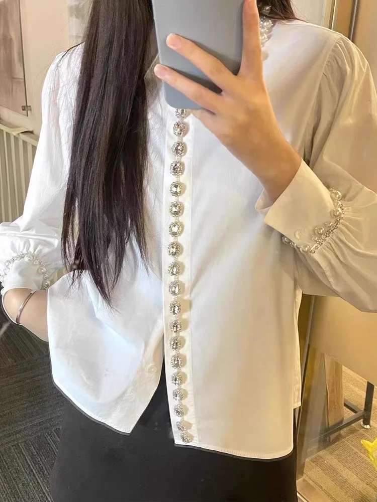 Luxury Faux Diamond pearl blouse Women White Cotton Turn down collar long sleeve shirt 2024 Lady tops France INKEO 4T218