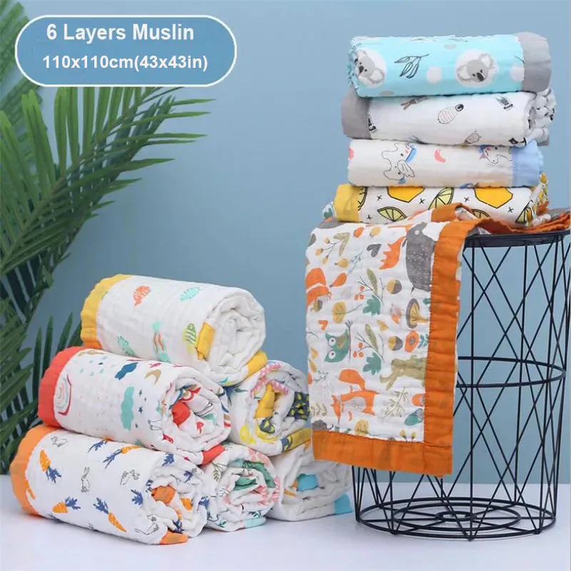 110x110cm 6 Layer Muslin Cotton Kids Children Sleeping Blanket Swaddle 100% Cotton Newborn Baby Blanket