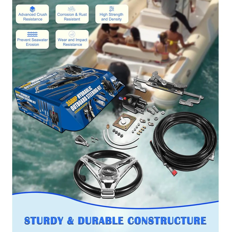 Nony Outboard 350HP Boat Outboard Hydraulic Steering System Kit Fits for Most Single-Outboard Powered Boats