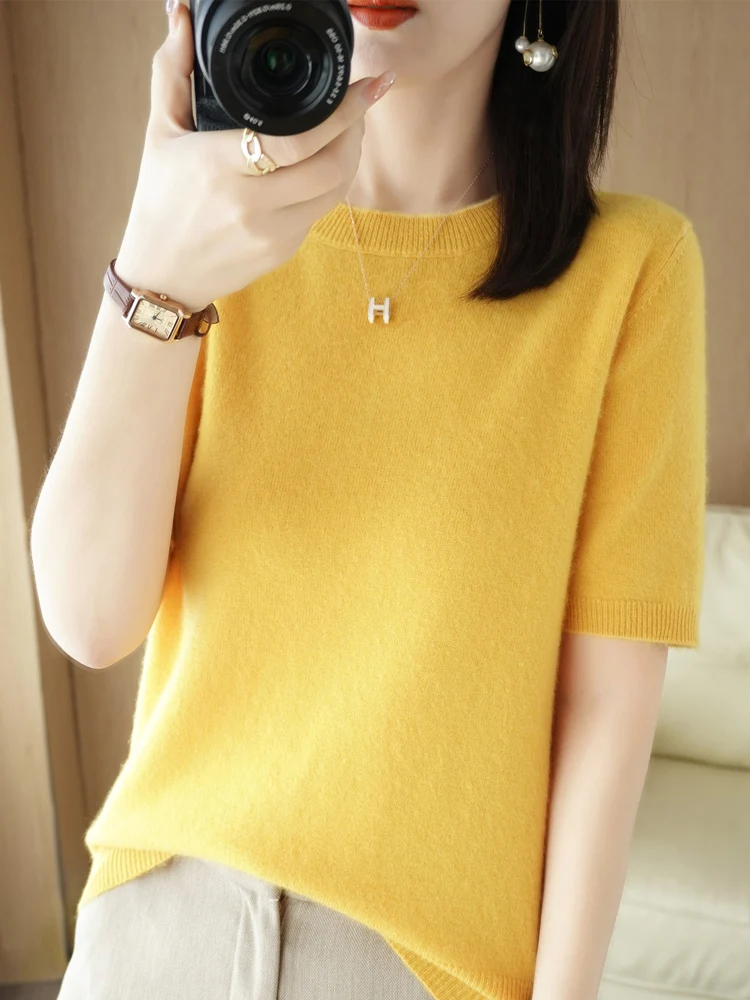 New Chic Women Summer T-shirt O-neck Short Sleeve Pullover Sweater Merino Wool Knitwear Basic Soft Clothing Korean Style Tops