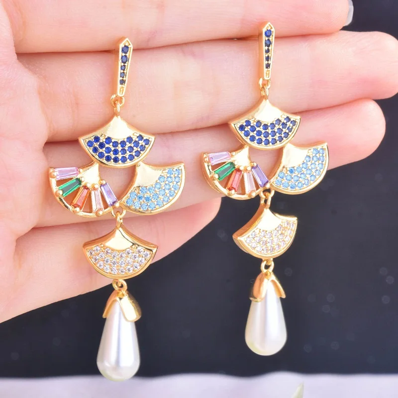 OMHXZJ Wholesale EA1000 European Fashion Fine WomanGirl Party Birthday Wedding Gift Skirt Fan AAAZircon 18KT  Gold Stud Earrings