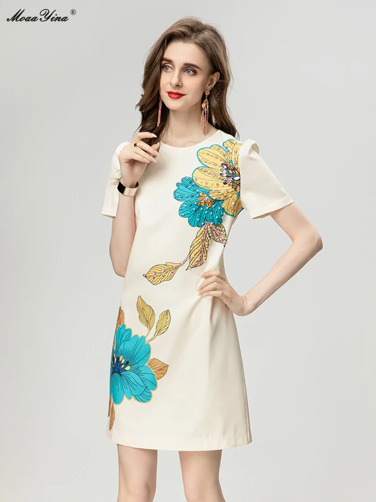 Moretenues Yina-Robe trapèze brodée à fleurs pour femmes, col rond, fusées éclairantes, imprimé floral, créateur de mode, dame de bureau, été