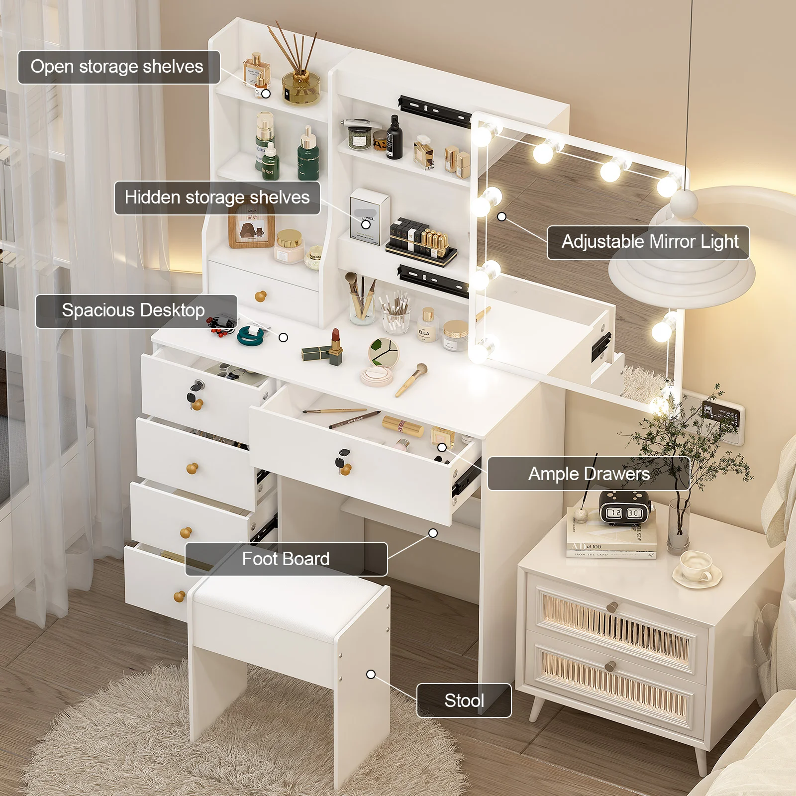 Lighted Vanity Desk Dressing Table Dresser Desk With Stool Set LED Makeup Mirror