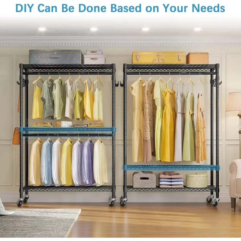 Heavy Duty Rolling Garment Rack Adjustable Wire Shelving Clothes Rack, Freestanding Wardrobe Storage Rack Metal Clothing Rack