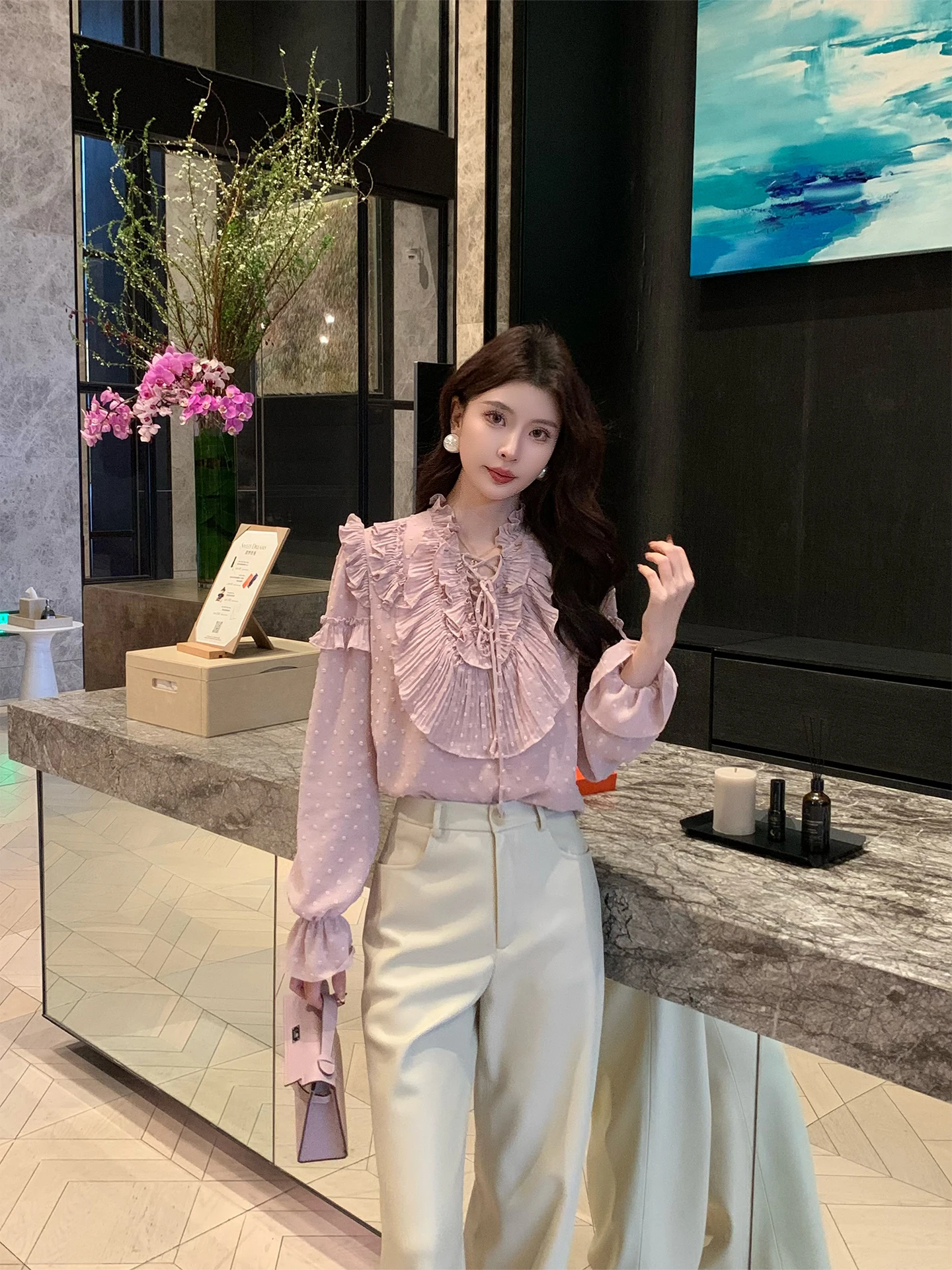 

Kun Total Pink V-ne Chiffon irt Women's Spring High-ade Ele Slimming Top New Sle Casual Sle Long Sve Blouse