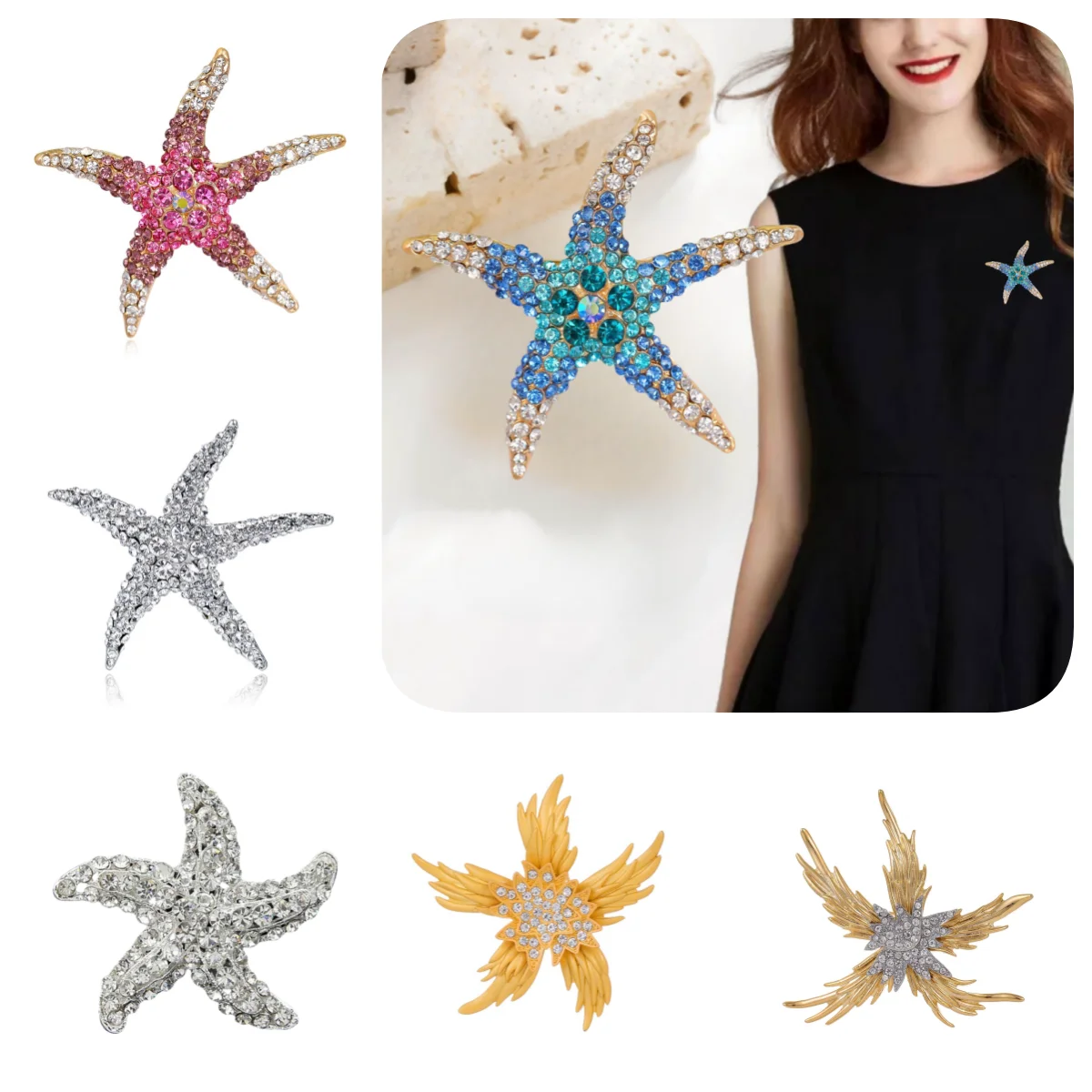 

Sparkling Rhinestone Cute Multi-color Starfish Brooch Enamel Fashionable Star Badge Metal Backpack Clothing Lapel Pins Gift