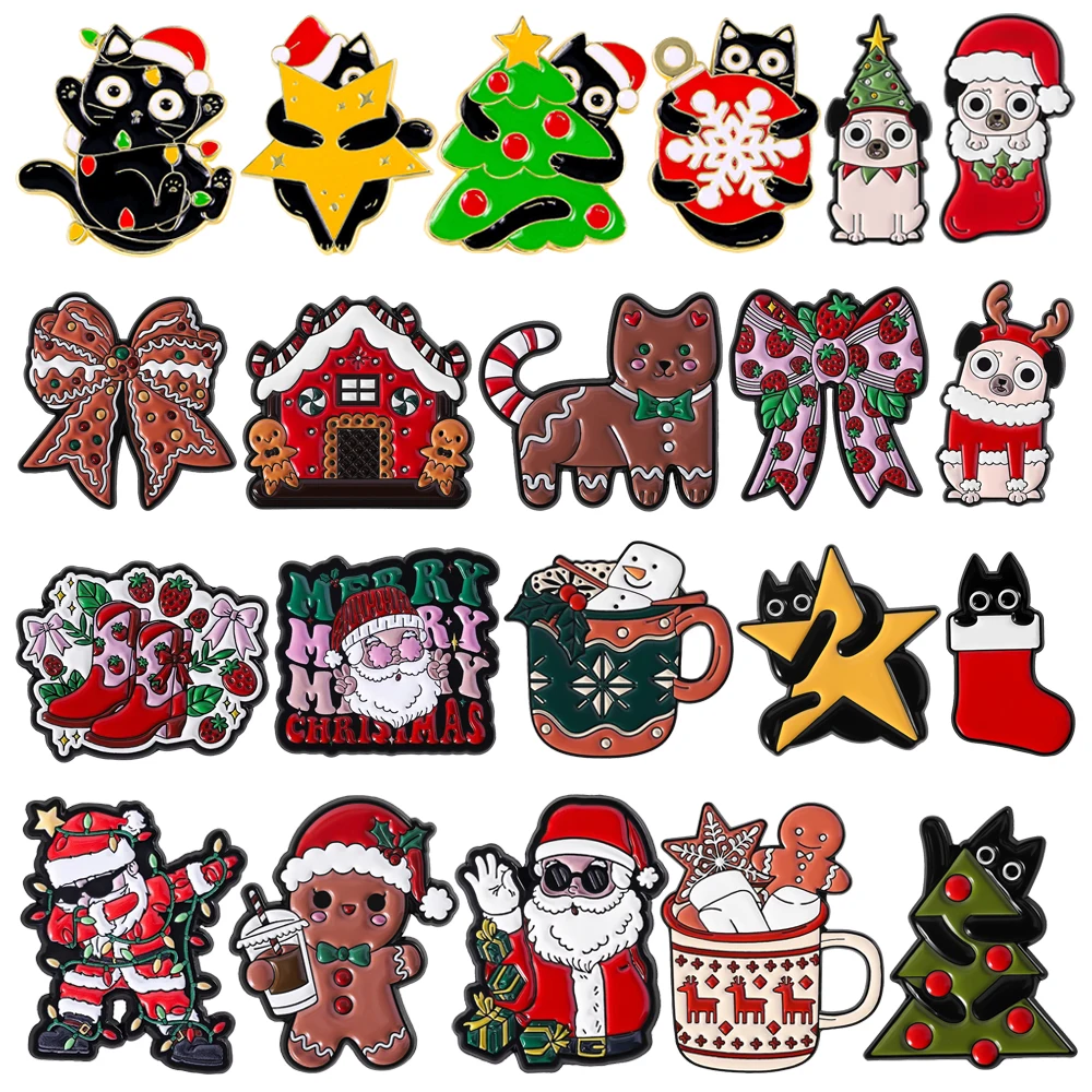 Christmas Santa Gingerbread Man Enamel Pins Cartoon Bow Strawberry Cowgirl Boot Brooches Festive Lapel Badge Jewelry Gifts