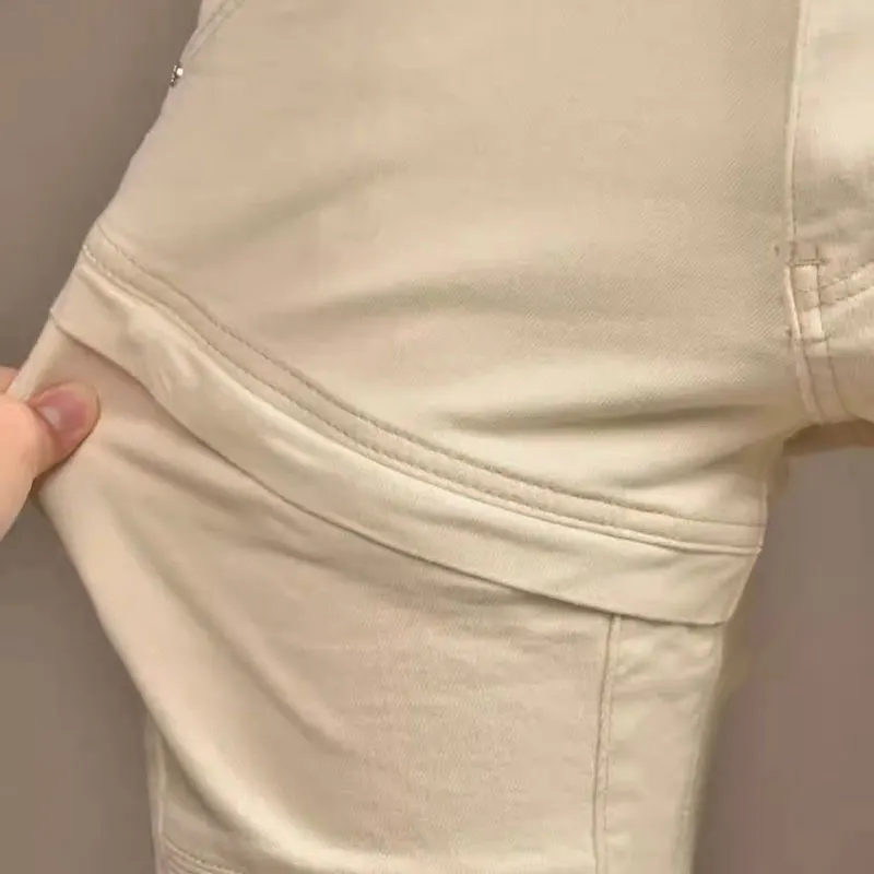 

Y2K fashionable men's jeans, high-quality beige elastic casual retro jeans, men's zipper pocket splicing motorcycle pants