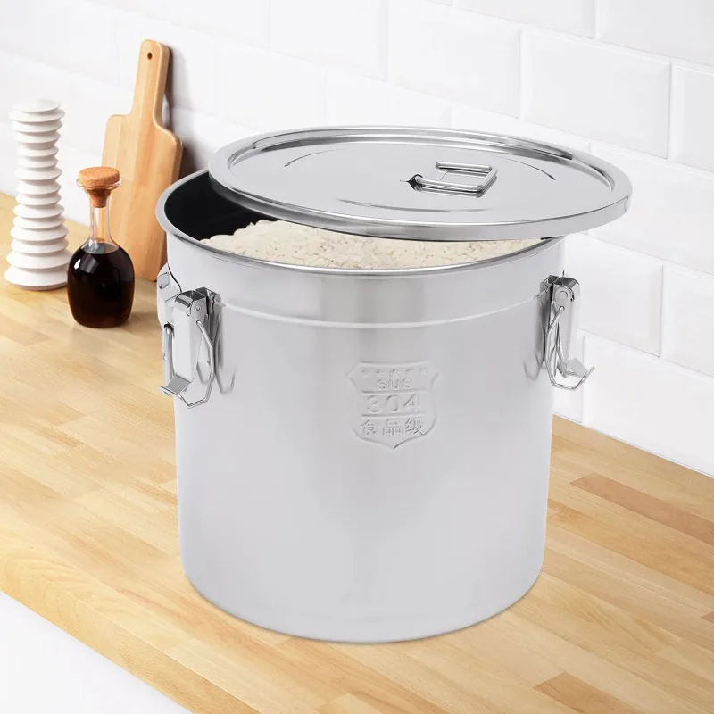 33L 304 Stainless Steel Storage Bucket with Lid Airtight Food Storage Container with Handles for Kitchen Rice Flour Cereal
