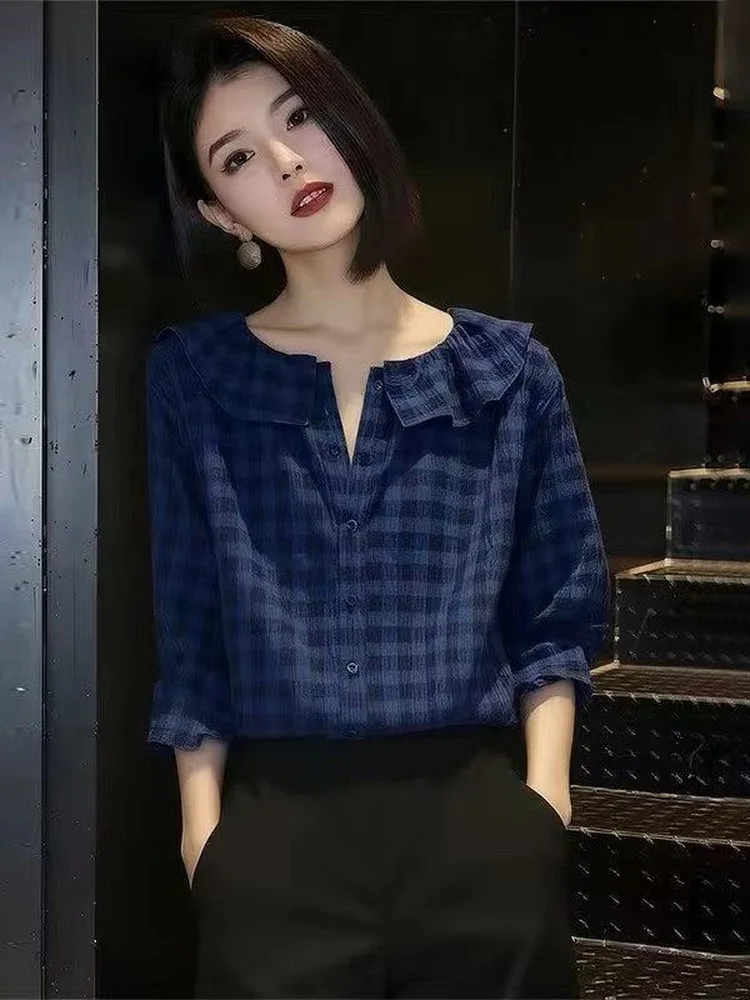 

Anti-Aging Blue Plaid 3/4 Sleeve Casual Shirt for Women Loose Slimming Business Casual Top Summer 2026 Breathable Comfortable