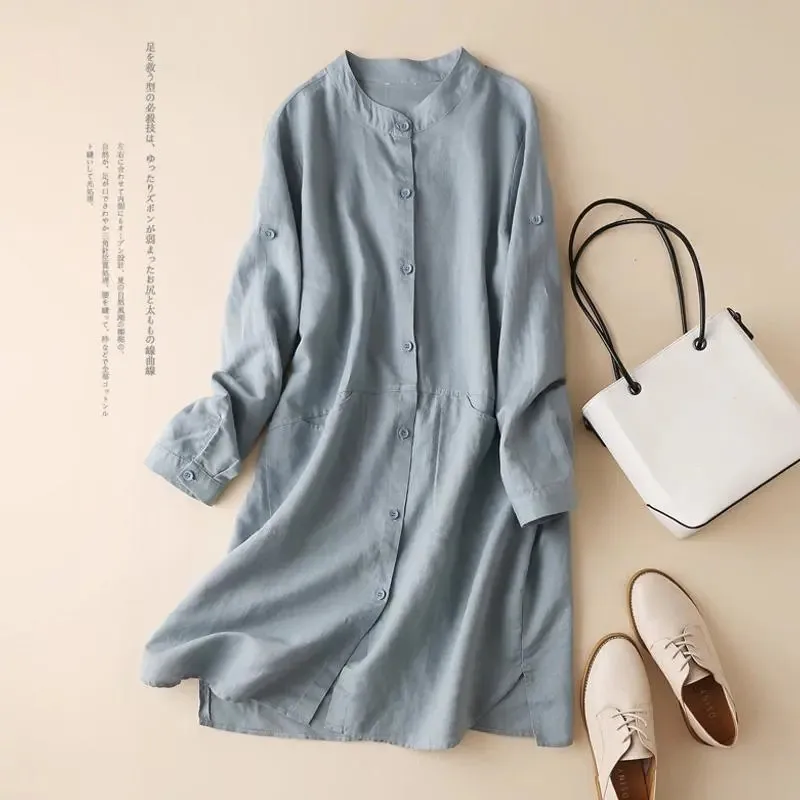 Summer New Ladies Jacket Loose Cotton Linen Medium Long Women\'s Shirt Wild Solid Color Long Sleeves Crew Neck Sun Protection Top