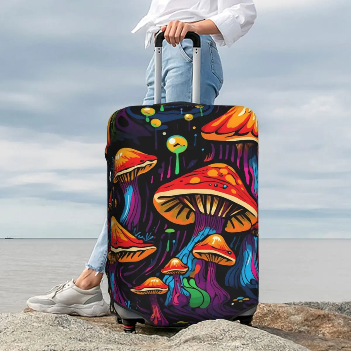 

Acid Trippy Weird Psychedelic Wavy Mushroom Suitcase Cover Protection Elastic Travel Luggage Protector Covers for 18-32 Inch