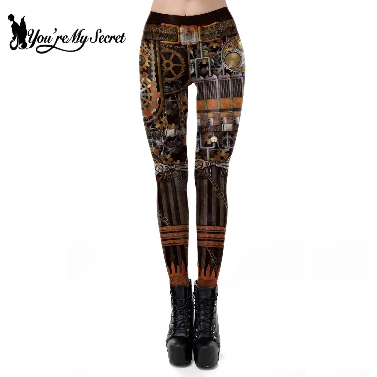 [Vous êtes Mon Secret] Leggings Femmes Vintage Engrenages Mécaniques 3D Imprimé Taille Médiale Femmes Pantalons De Fitness Sans Couture Noir Punk