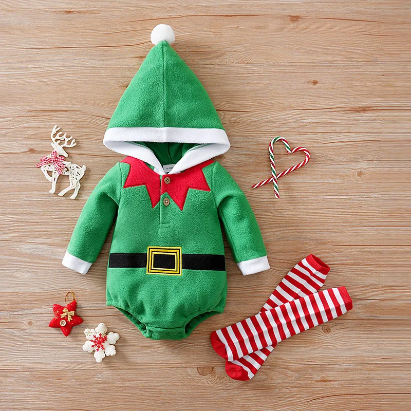 Christmas Newborn Clothes Cute Green Elf Soft 0-18 Boys And Girls Spring And Autumn Long Sleeved Baby Triangle Jumpsuit+Socks