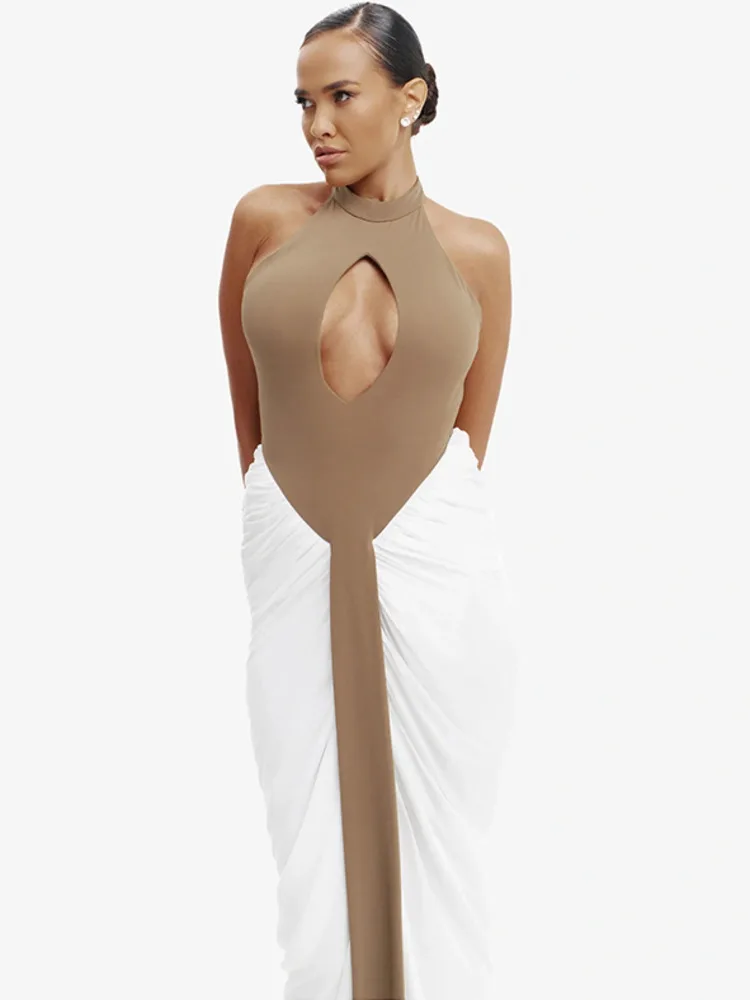 XIAOTANG Cut Out Backless Sexy Maxi Dress Women Contrast Color Patchwork Off-shoulder Sleeveless Split Club Party Long Dress