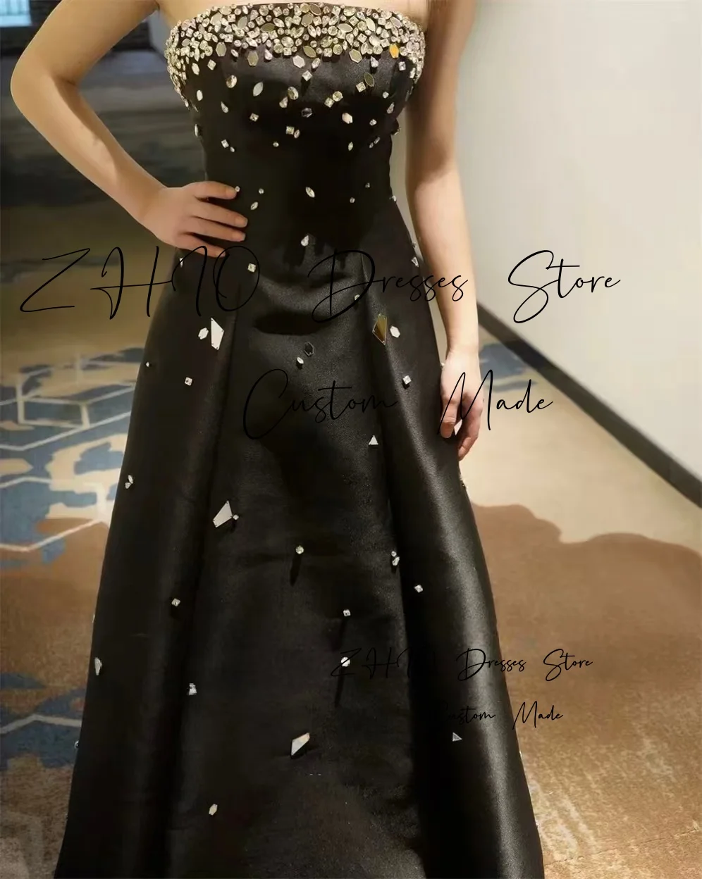 

ZHIO Exuqisite Beads Evening Dress Strapless A-Line Black Taffeta Formal Occasion Arabic Birthday Prom Gown Custom for Dubai