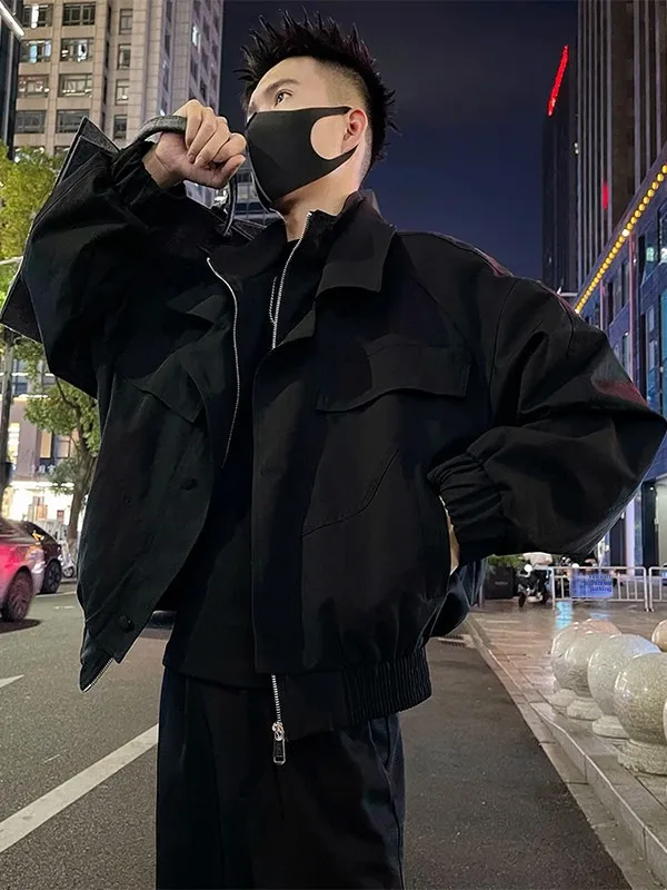 

American High Street Double Layer Collar Design Fake Two-Piece Jaet Men's ort Sle Functional Workwear Coat Trendy Coat