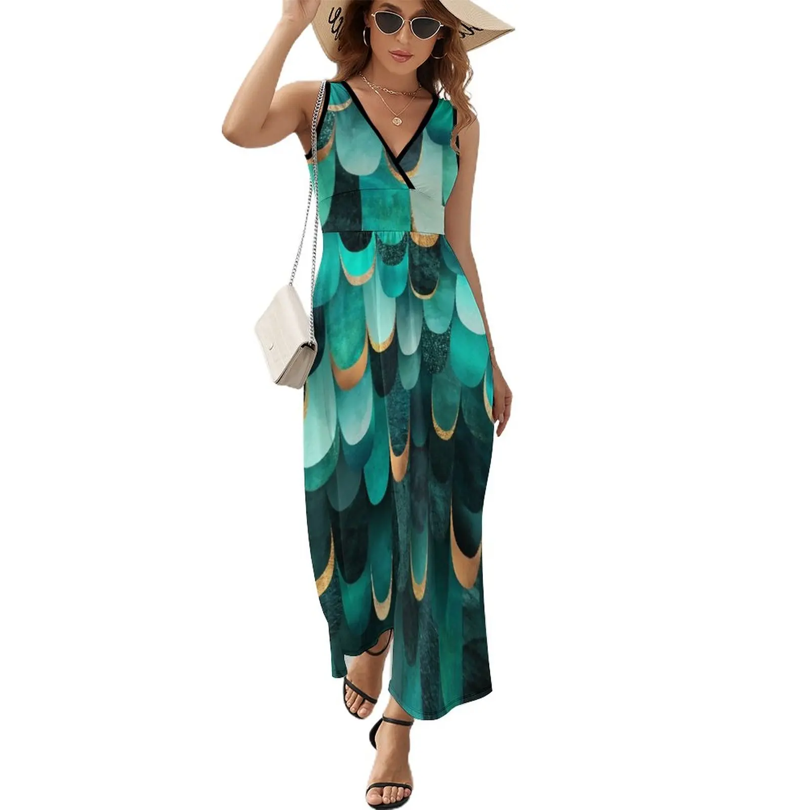 

Feathered - Turquoise Sleeveless Dress long dress women summer dress daily Woman fashion