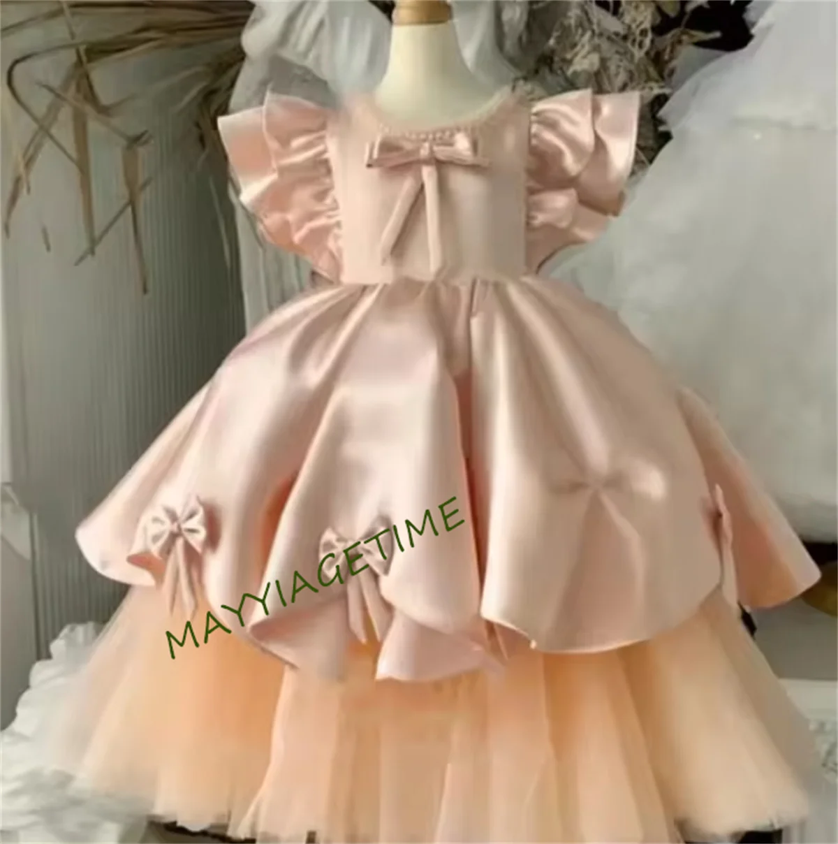 CustomPretty Fluffy Princess Flower Girl Dresses For Wedding Satin Tulle Pageant Gowns Baby Girl Birthday Party Dress