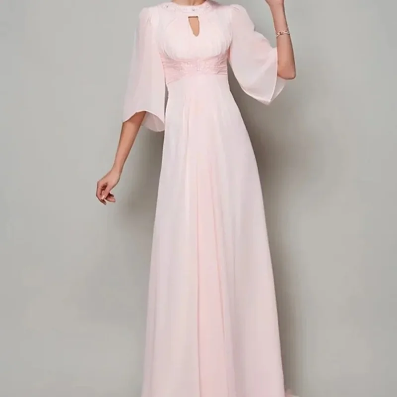 Applique Embroidery Gauze Evening Dress Elegant Half-Sleeved Floor-Length Formal Occasion Party Dress Round Lead Dress