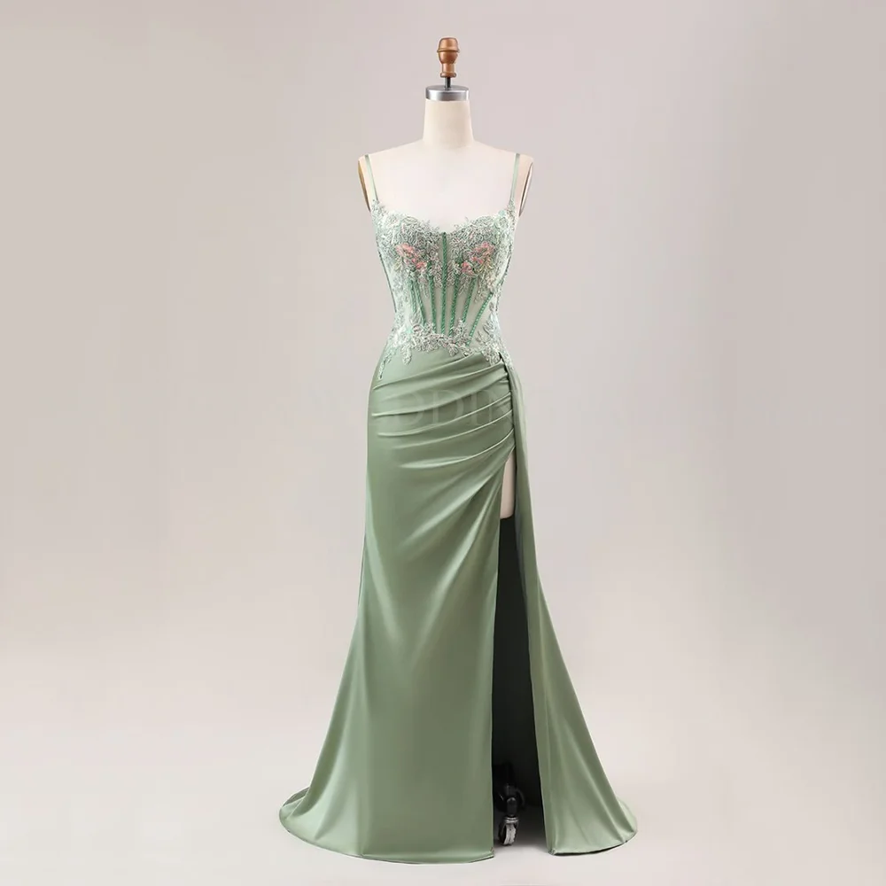 

Exquisite Evening Gowns Spaghetti Strap Appliques Sweetheart High Side Split Sleeveless Floor Length Formal Party Prom Dresses