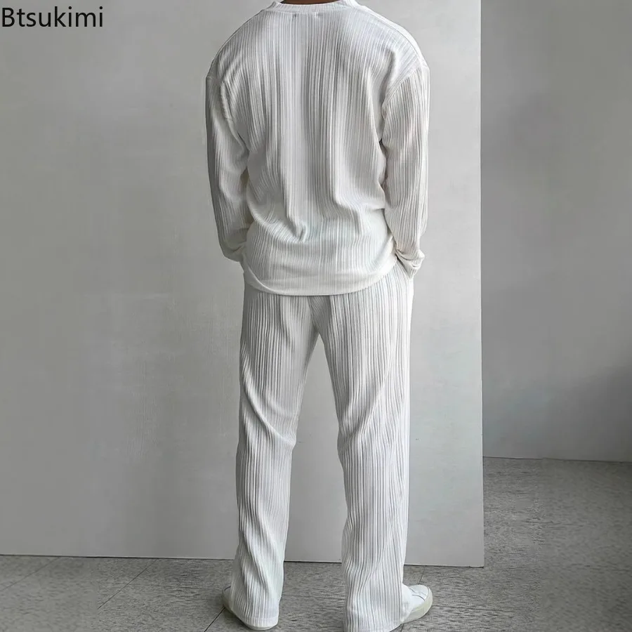 Fashion Long Sleeve Shirts Men's Two Piece Sets Solid Sexy Deep V Cardigan Trousers Outfit Casual Streetwear 2025 Men's Clothing